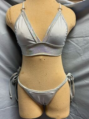 3PC Light Blue & Silver Holographic Triangle Bikini Top & Two Bottoms